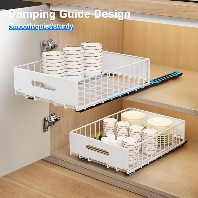 MUSTORN 2 Pack Pull Out Cabinet Organizer, Slide Out Cabinet Drawers Peel and Stick Pull Out Drawers Heavy Duty Pull Out Shelf for Kitchen, Cupboard, Pantry, Bathroom (16.5" D*11.8" W*3.94" H-White)