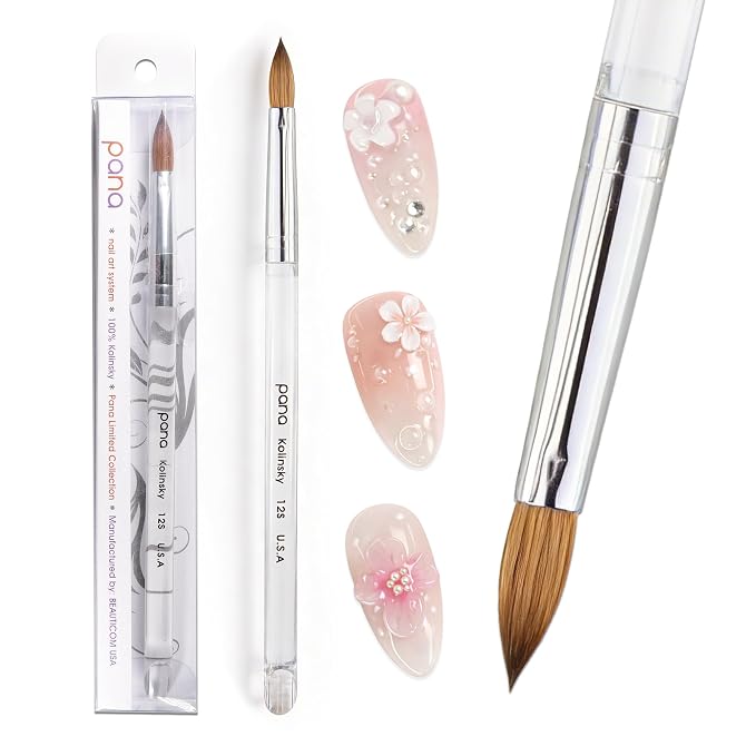 PANA Pure Kolinsky Hair Acrylic Nail Brush - Oval Crimped Shape Silver Ferrule Clear Acrylic Handle (Size 12) - Nail Extension Manicure Pedicure Salon Beginner & Professional