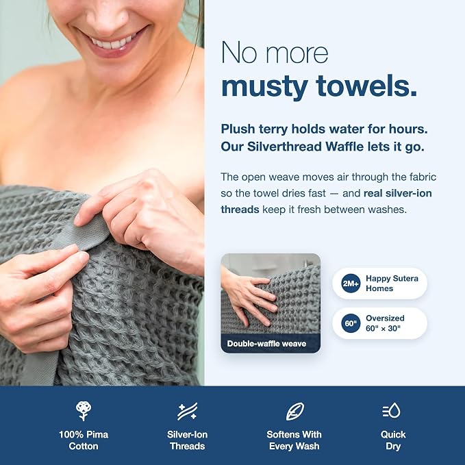 SUTERA Silverthread Waffle Towel CA-Grown Pima Cotton (Bath, Grey) 31"x57" | Waffle weave design, quick drying, ultra soft, lightweight, and absorbent with pilling-resistant Pima Cotton luxury comfort.