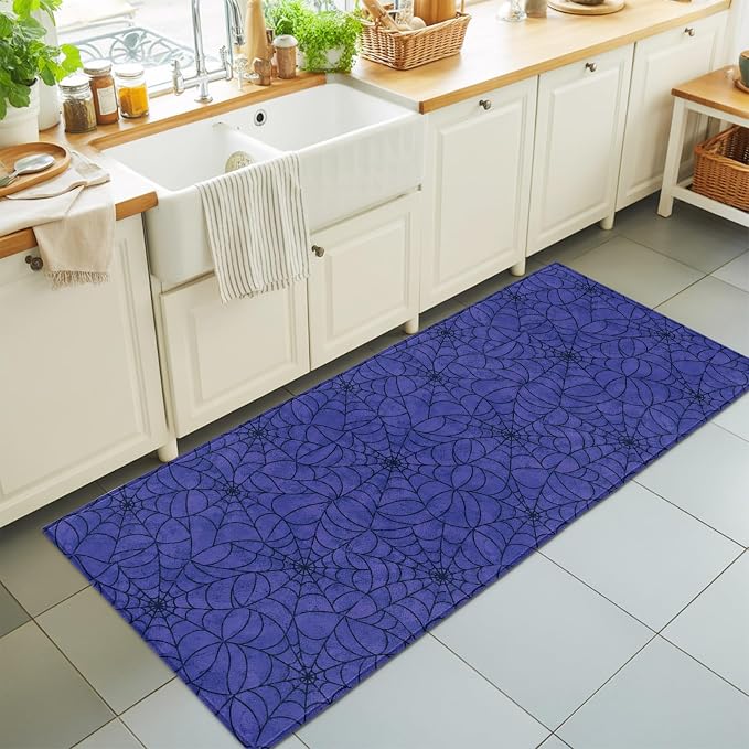 Hallway Runner Rug 2'x6', Navy Blue Halloween Washable Bathroom Area Rugs for Kitchen Bedroom Laundry, Black Spiders Net Classic Gingham Non Slip Door Mat Indoor Entrance Floor Throw Bedsides Carpet