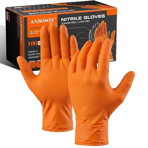 ANBOSON 10mil Nitrile-Gloves Disposable-Orange Chemical-Resistant Rubber - Mechanic Gloves Heavy Duty, Latex Free, Diamond Grip (100, Medium) | Diamond Grip,Latex Free,Chemical Resistant Disposable Thick Rubber Gloves for Auto Repair, Industrial, Food,...
