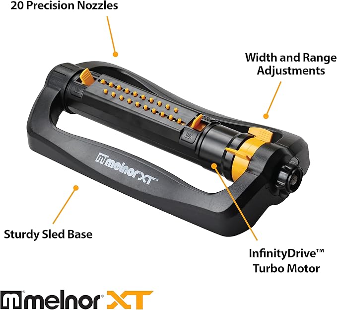 Melnor 65202AMZ CrossStream Turbo Oscillating Sprinkler, 4,000 Sq. Ft. Coverage, TwinTouch Width & Range Control, InfinityDrive™ Turbo Motor, Black, Orange