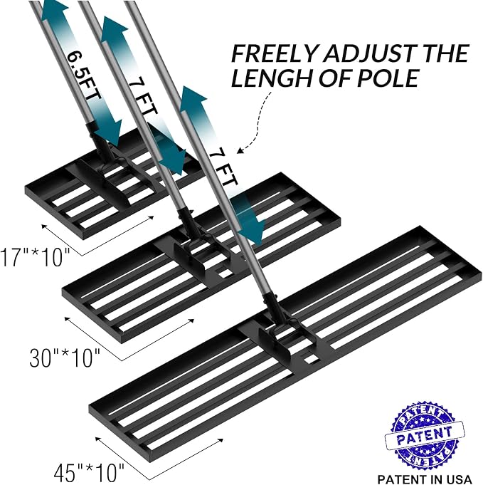 Walensee Lawn Leveling Rake, Reinforced Leveler with 6.5FT Steel Handle | 17X10 Inch Steel Head, Topdressing Spreader, Soil Sand Leveling, Sturdy Screw Lock Handle, Lawn Repair, Garden Maintenance