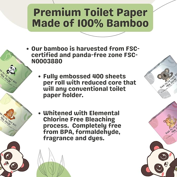 MOTHER EARTH Bamboo Toilet Paper - Ultra Soft & Strong 3-Ply Bath Tissue, 400 Sheets Per Roll, Hypoallergenic & Septic Safe, Mega Rolls, Pack of 12 Rolls