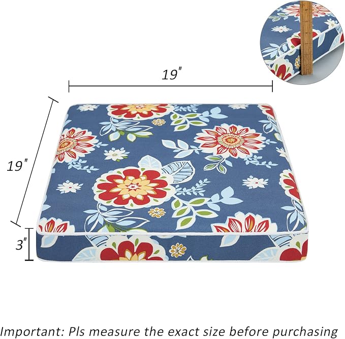 JMGBird Outdoor Chair Cushions Set of 2 - Waterproof Patio Seat Cushions 19x19 Inch with Ties, Blue Flower Floral Pattern High Density Foam Square Cushions for Garden Furniture