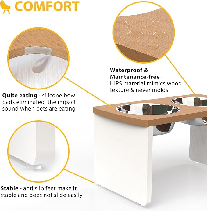 Elevated Dog Bowls, Waterproof Raised Dog Bowl for Medium & Large Dogs, HIPS Poly Lumber Stand with 2 Stainless Steel Bowls, Indoor & Outdoor Use (10'' Tall–48 oz Bowl, Teak-White)