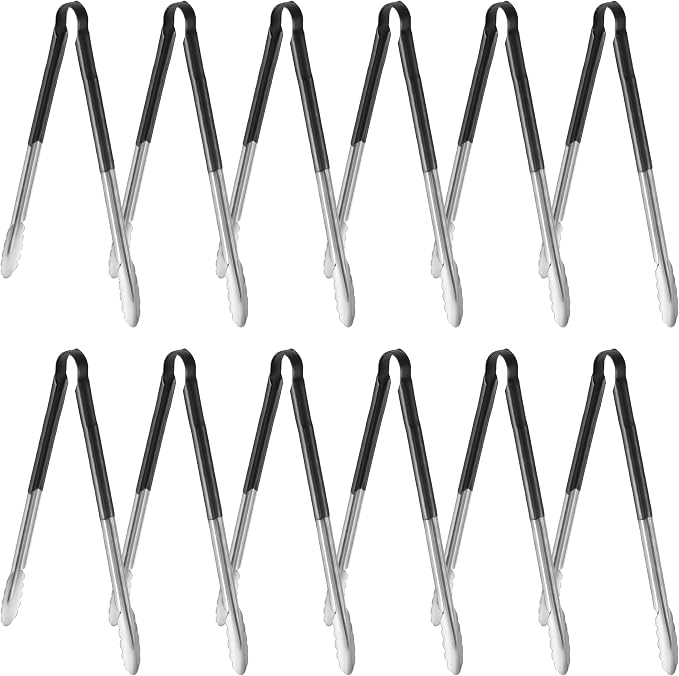 New Star Foodservice 35797 16-Inch Utility Spring Tongs, Stainless Steel, Vinyl Coated, Set of 12, Black
