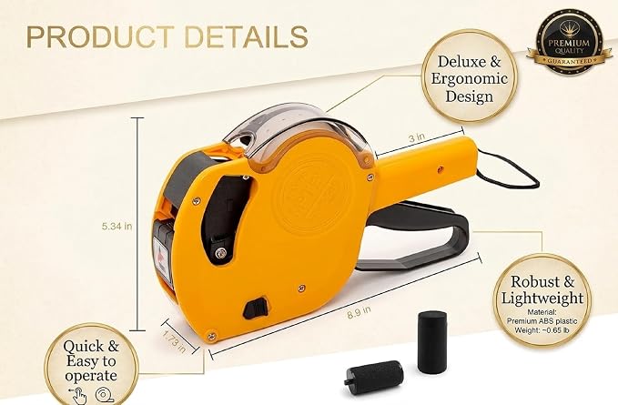 Motex MX-5500NEW Price Tag Gun, 1 Line 8 Digits – Pre-Loaded 1,000 White Labels & Ink, Extra Ink Refill – Easy Label Maker for Retail, Grocery, Garage Sale, Inventory – Yellow