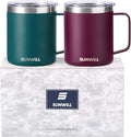 SUNWILL Travel Coffee Mug Set of 2, Insulated Tumbler with Lid, 14 oz Stainless Steel Cup with Handle for Camping, Office, Home, Powder Coated Forest Green & Plum