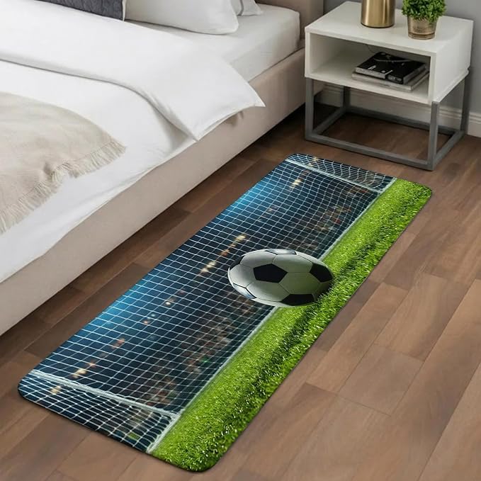 Football Bathroom Runner Rugs Non Slip Washable Absorbent Narrow Long Bath Mat Soccer Ball Sports Net Mesh Evening Match Runner Rugs for Kitchen Hallway Bedroom Laundry Study Room 15.7"x47.2"