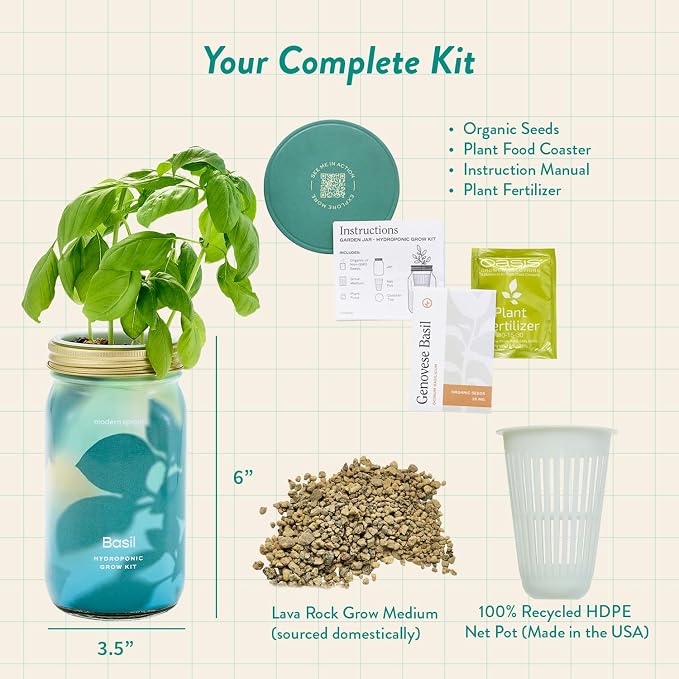 Modern Sprout Mason Garden Jar+Replant Kit -Self-Watering Hydroponics Growing System Kit w/Organic Herb Seeds -Sprouting Jar Planter for Indoor Herb Garden - Seed Starter -Gift for Mother's Day -Basil