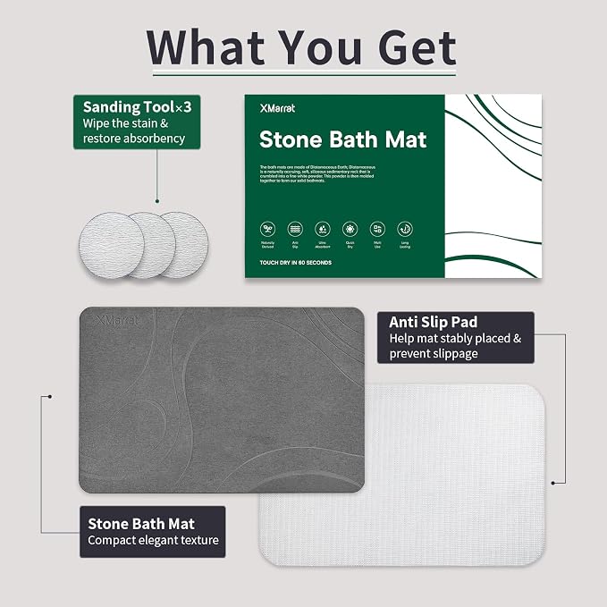 XMarrat Stone Bath Mat, Diatomaceous Earth Bath Mat, Super Absorbent Quick Drying Stone Bath Mats for Bathroom, Non-Slip Bath Stone Mat, Natural Stone Shower Mat, Easy to Clean(23.6 x 15.4 Dark Grey)
