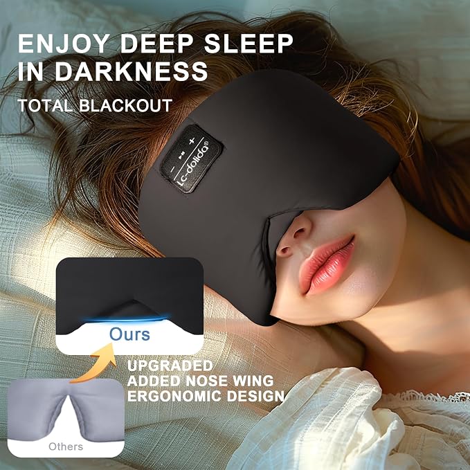LC-dolida Bluetooth 5.4 Sleep Mask, Ice Silk Sleep Headphones for Side Sleepers, Adjustable Blackout Eye Mask with Bluetooth Headphones, Ultra-Soft Sleeping Mask for Women & Travel (Black)