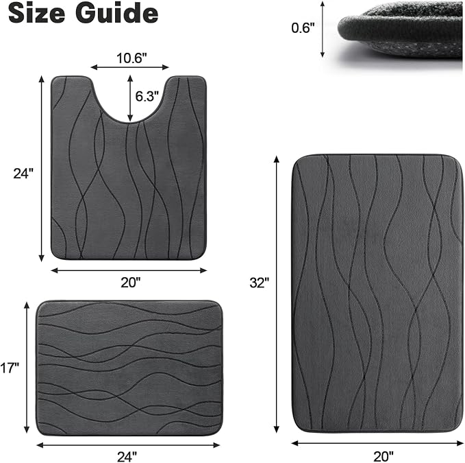YIHOUSE Memory Foam Bathroom Rug Set, 3 Pieces - Dark Grey (Ultra Soft, Absorbent, Non-Slip, Machine Washable) | Ultra Soft, Absorbent, Non-Slip, Machine Washable, for Bathroom, Sink and Toilet
