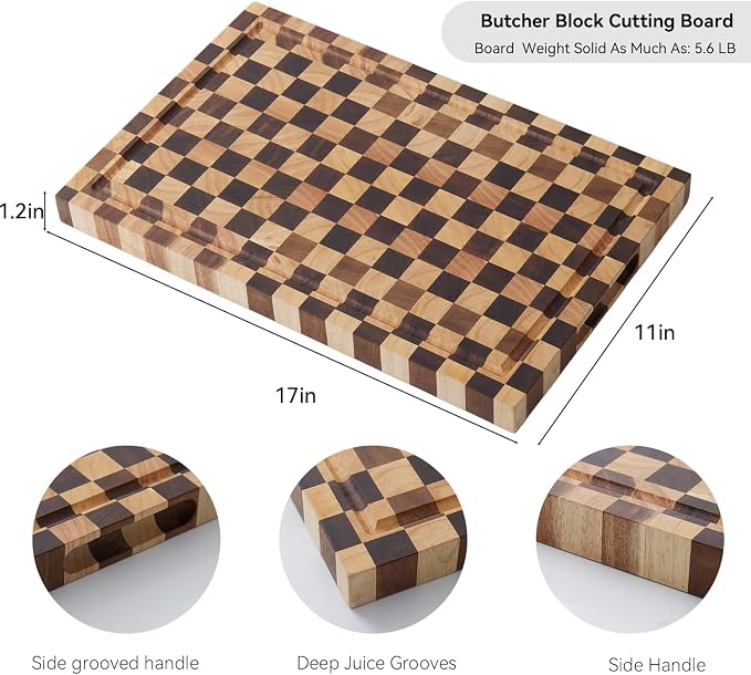 Acacia Wood Cutting Board (17x11x1.2'') Inch, Butcher Block for Kitchen, Premium Acacia Cutting Board with Juice Groove, End Grain Made of Sustainable Acacia Wood