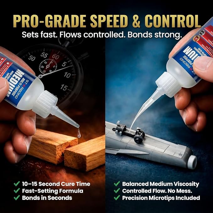Starbond Medium Super Glue Pro Kit (2 oz) – Strong, Fast, All-Purpose CA Glue (Cyanoacrylate Adhesive) – with Anti-Clog Cap, Precision Tips & Extra Nozzles for Woodworking, Quick Fixes & Hobby Models