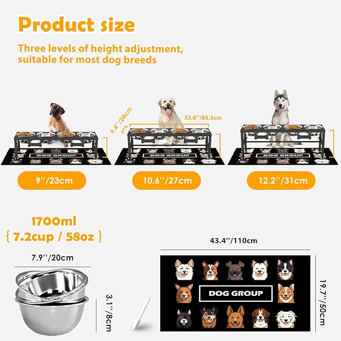 4-Bowl Elevated Dog Bowl Stand – 4 Adjustable Heights with 58oz/1700ml Stainless Steel Bowls & Splash Pad for Medium & Large Breeds, Multi-Pet Households