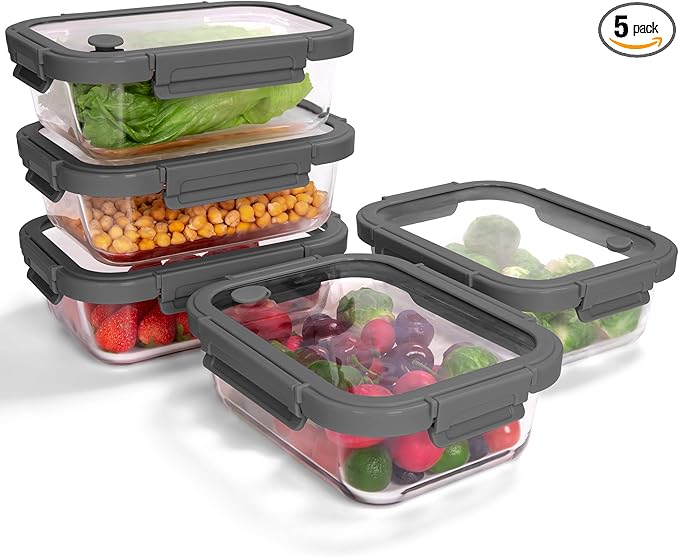 5-Pack Borosilicate Glass Containers with Tempered Glass Lids, 35.2oz/4.4 Cup Airtight Meal Prep Set, Microwave/Freezer Safe (Gray)