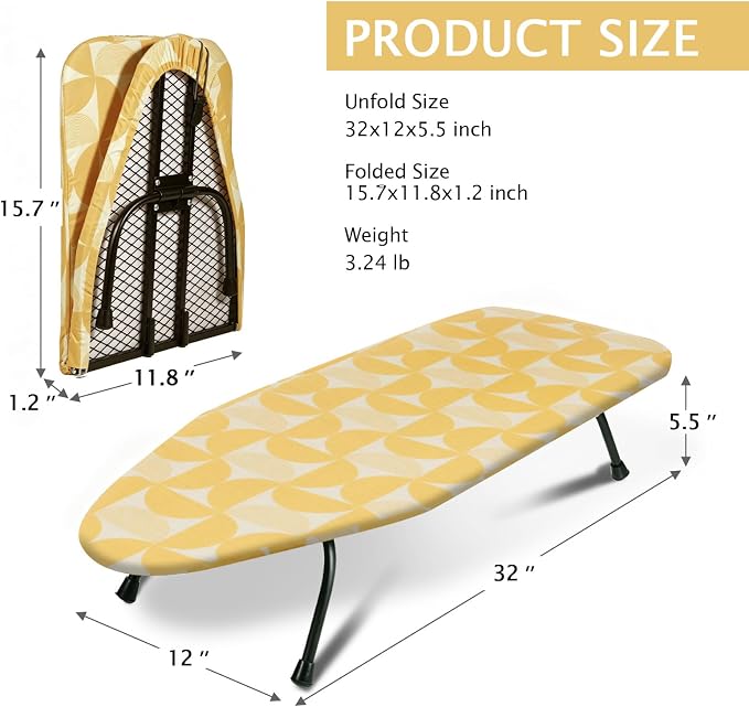 SheeChung Small Ironing Board 12"x32",Mini Ironing Board with Metal Mesh | Foldable,Tabletop,Hanging Hook,Cotton Cover,Heat Resistant Pad,Space Saving,Non-Slip Feet,Fits for Dorm Travel Sewing Room