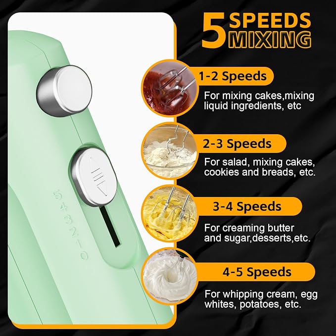 Lord Eagle 5-Speed Hand Mixer Electric, 300W Compact Handheld Mixer, Portable Kitchen Egg Beater with 5 Attachments & Storage Bag, Cake Supplies for Bread Dough Baking, Lightweight, Green