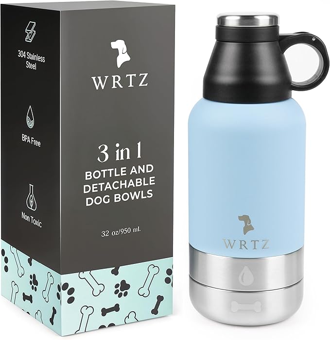Portable Dog Water Bottle with 2 Removable Water Bowls for Dogs – Leak-Proof Portable Dog Water Bottle - Travel Accessories for Dogs - 32oz - Blue