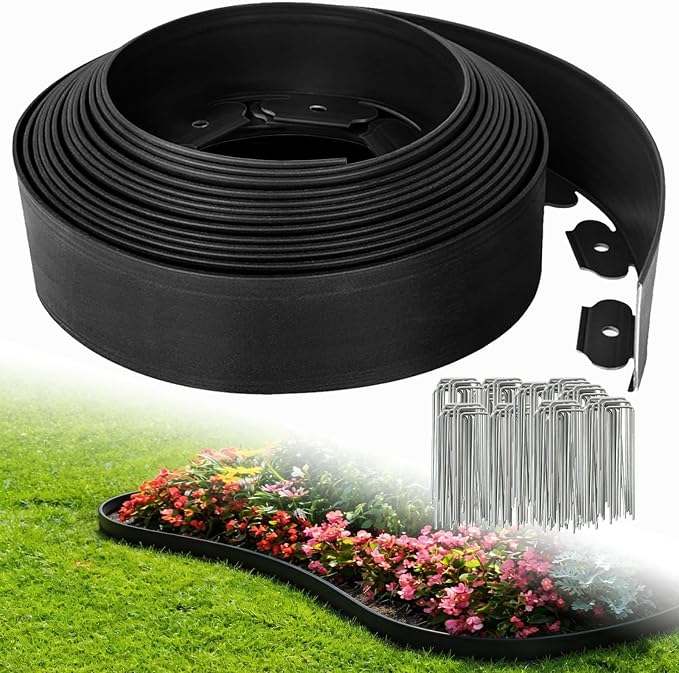Landscape Edging 3in*98FT,Garden Edging Border with 150 Pcs Metal Spikes | Flexible Lawn Edging for Landscape, Garden, Flower Beds, Lawn, Yard, Pathway, Paver Edge-Black