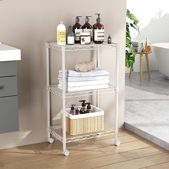 SINGAYE 3 Shelves Storage Shelf Wire Shelving Unit Metal Adjustable Wheels | Small Shelf Storage with Wheels Organizers Closet Unit for Bathroom Laundry Room Kitchen Pantry11.5D x 17.5W x 30.5H White