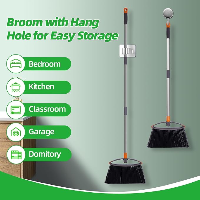 2 Pack Stiff Bristle Broom for Sweeping Indoor, Heavy Duty Broom with Collapsible Handle, Ideal for Indoor Outdoor Hardwood Floors Kitchen Salon Camping Cat Pets Hair Home Room Office, Gray