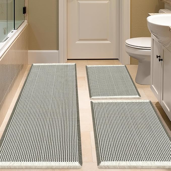 IM HOME Waffle Bath Mat Set 3 Piece Green & Cream,Woven Modern Bath Rug Mats, Absorbent Non Slip Bath Floor Mat, Soft Washable Boho Bath Rugs with Tassels for Bathroom, Bedroom, Kitchen, Tub