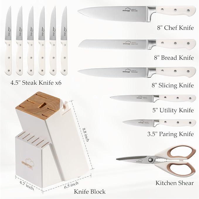 Knife Set, Kitchen Knives Set with Block and Sharpener 14 Pcs Full Tang Knives German Stainless Steel Dishwasher Safe Kitchen Utensils Set with Ergonomic Handle Gifts for Women