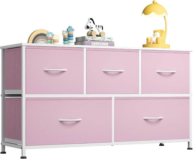 WLIVE 5 Drawer Dresser for Bedroom, Wide Chest of Drawers, A-Pink | 5 roomy fabric drawers, Wide storage design, Bedroom or closet use, Sturdy steel frame, Smooth wood tabletop