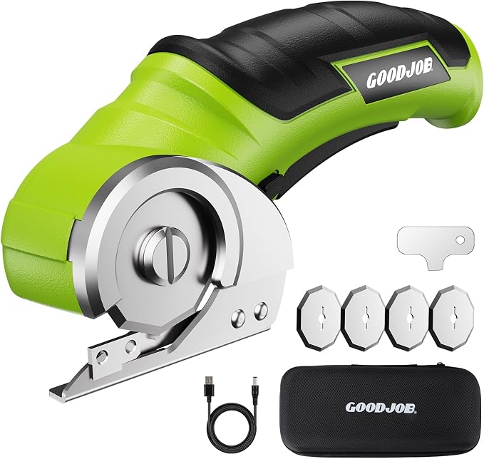 Goodjob 4V Cordless Electric Scissors Box Cutter | Rechargeable Cutting Tool with 4 SK5 Blades for Cardboard Fabric Leather Carpet Upholstery 2000mAh Battery Safety Lock