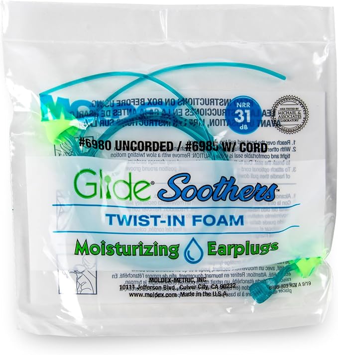 Moldex Glide® Soothers Moisturizing Soft Comfortable Foam Earplugs – Corded Disposable Ear Plugs for Hearing Protection, Noise Reduction (NRR 31dB), 100 Pairs, 6985