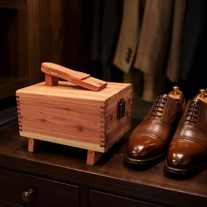 Shoe Polish Shoe Care Box Organizer Storage Carrier With Wooden Build Hinged Lid Latch Closure Elevated Base Portable Handle suitable for travel between rooms office storage home care , style to 1