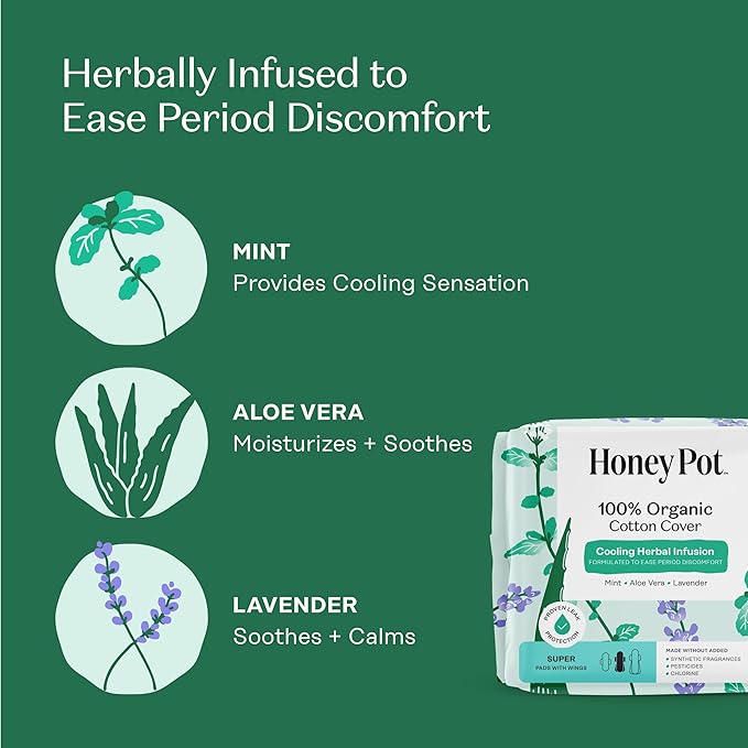 The Honey Pot Company - 64ct - Herbal Pads for Women - Super w/Wings - Infused w/Essential Oils for Cooling Effect, Organic Cotton Cover, & Ultra-Absorbent Pulp Core - Feminine Care