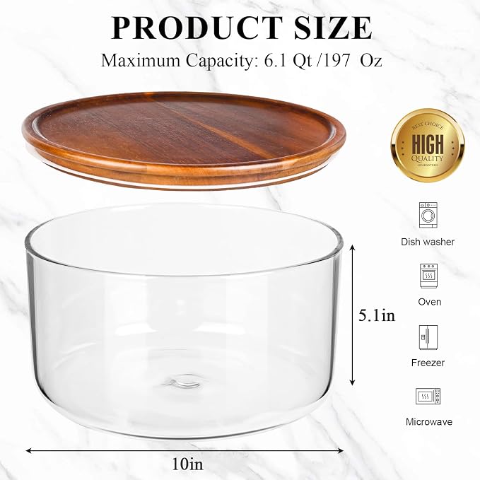 LOVYANXUE 197 oz Large Glass Salad Bowl with Acacia Wood Lid - Glass Trifle Bowl, Versatile Serving Bowls for Cake, Salad, Fruit, Baking, Dessert, Meal Prep, Storing, Microwave & Oven Safe, BPA Free