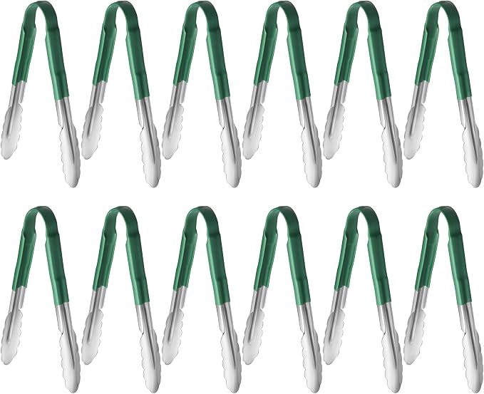 New Star Foodservice 9 Inch Utility Spring Tongs, Set of 12, Commercial Restaurant Grade Stainless Steel Tongs with Green Vinyl Coated Handles