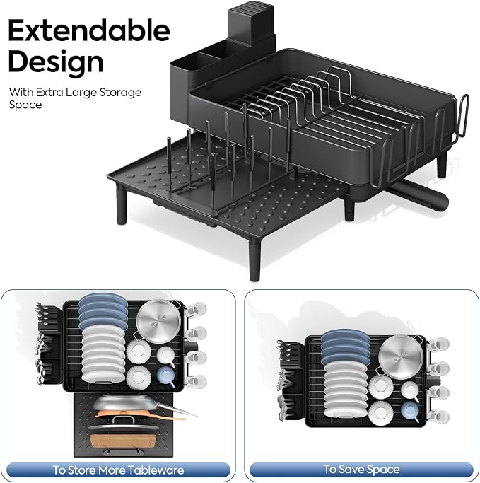 Urackify Expandable Dish Drying Rack, Stainless Steel, Large Capacity | Multifunctional Drainboard for Kitchen Countertop, Removable Cutlery Tray, Foldable Cup Holder, 20.4"L x 20"W, Black