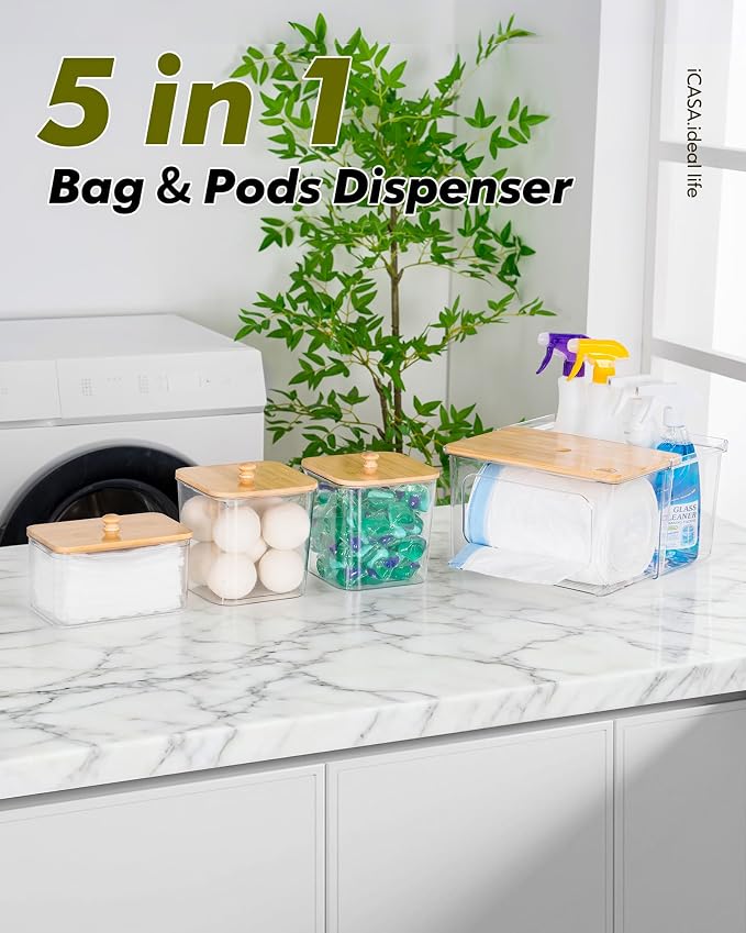iCASA Trash Bag and Pod Dispenser - 5 in 1 Acrylic Under Sink Organizer with Bamboo Lid, Holds Garbage Bags, Dishwasher Pods, Laundry Tabs, Dryer Sheets & Balls for Kitchen, Pantry, Laundry Room