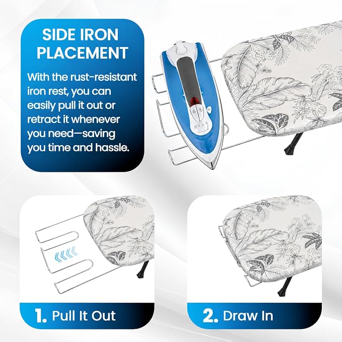 Metal Mesh Panel Tabletop Ironing Board | Foldable Iron Board | Heavy Duty Small Iron Board with Heat Resistant Cover and 100% Cotton 8mm Thicken Pad (Grey Leaves)