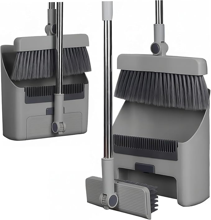 Dustpan and Broom Set, Broom Dustpan 3-in-1 90° Stand up Heavy Duty Dust Pan and Set with Long Handle 180° Rotation for Indoor & Outdoor Sweeping, with