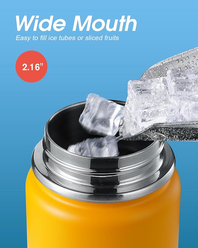 Coolflask Water Bottle 24 oz Insulated with Straw, Stainless Steel Metal 3 Lids Water Flask Wide Mouth for Sports or Office, Non-BPA Keep Cold Up to 48 Hrs or Hot Up to 24 Hrs, Ombre Yellow/Orange