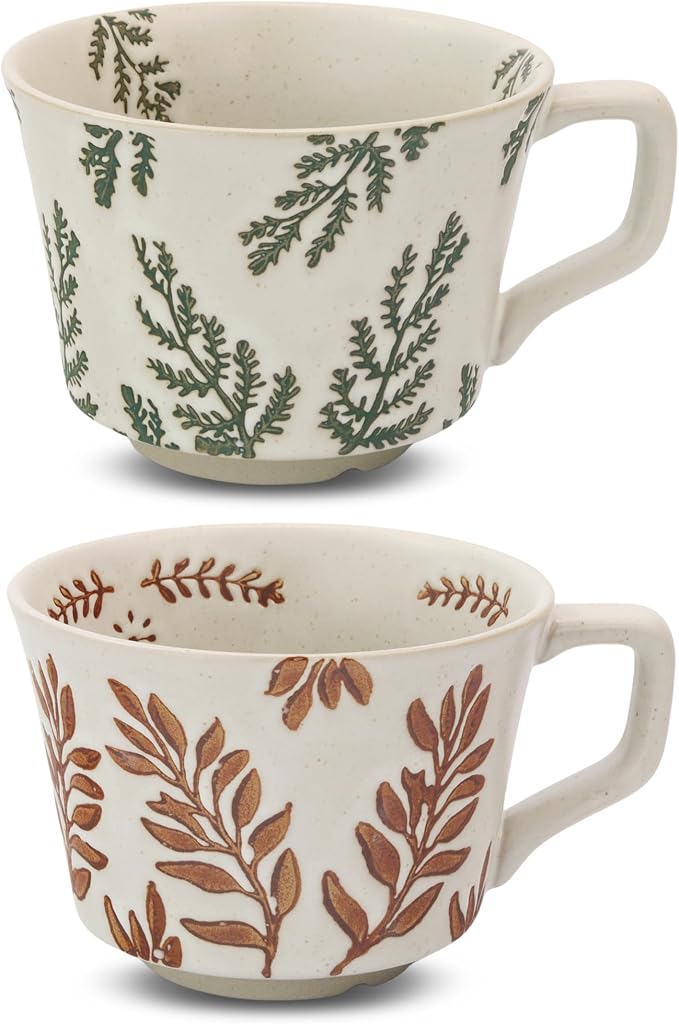 11 oz Ceramic Coffee Mug, Stoneware Teacup with Handle | Small Novelty Unique Cup for Tea Mocha Latte Cappuccino, Microwave Dishwasher Safe (Set of 2, Ivy and Leaf)