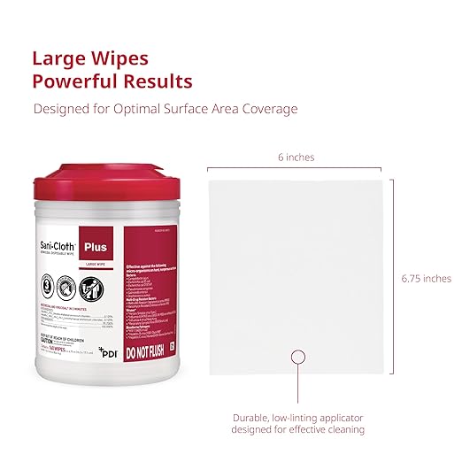 PDI Sani-Cloth Plus Germicidal Cloth, Pack of 160, 6" x 6-3/4" Large Wipes