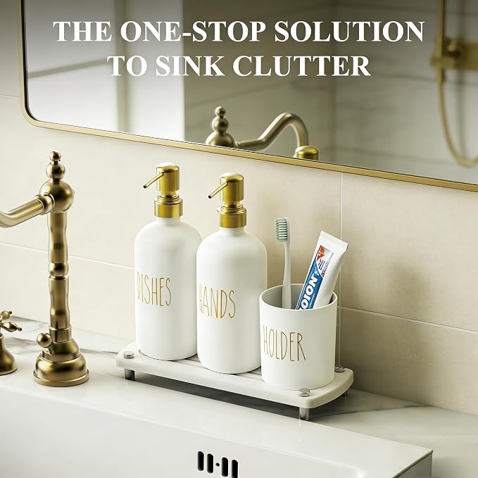 Cisily Kitchen Soap Dispenser Set Comes with Ceramics Sponge Holder, Gold Pumps, and Instant Dry Tray, Hand and Dish Soap Dispenser Set (4, Gold + White + Brush Holder)