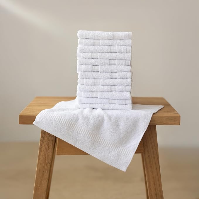 SALBAKOS 12-Piece 100% Turkish Cotton Washcloths and Face Towels, White | 13x13 in Standard Size Small Towel, Multi-use Bathroom & Kitchen, Thick Super Soft Absorbent Durable, Oeko-Tex Made in Turkey