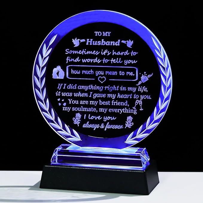 Arikyrist Gifts for Husband from Wife Fathers Day Crystal Plaque to My Husband with LED Light Base Best Husband Ever Gifts for Birthday Valentine's Day Christmas Anniversary