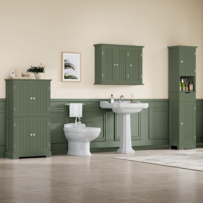 ChooChoo Bathroom Wall Cabinet with 3 Doors, Laundry Cabinet Wall Mounted, Medicine Cabinet with Adjustable Shelves, Hanging Kitchen Cupboard Organizer, Green