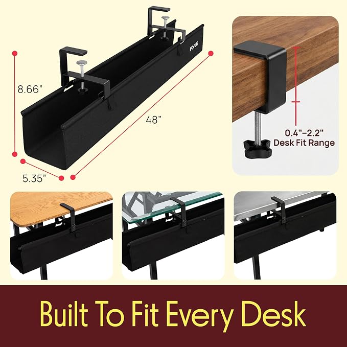 Pyle 48" Under Desk Cable Management Tray, Under Desk Wire Organizer with Clamp or Screw Mount, Desk Cable Organizer with Fabric Design for Large Workstations, Built-in Ties, 20 lb Capacity, Black