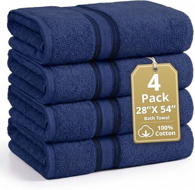 LANE LINEN Bath Towel Set 100% Cotton 4 Piece Soft Absorbent - Navy | Cotton Bath Towels - Densely Woven, Coordinated Colors, Dobby Border Accent, OEKO-TEX Certified, Zero-Twist Durability